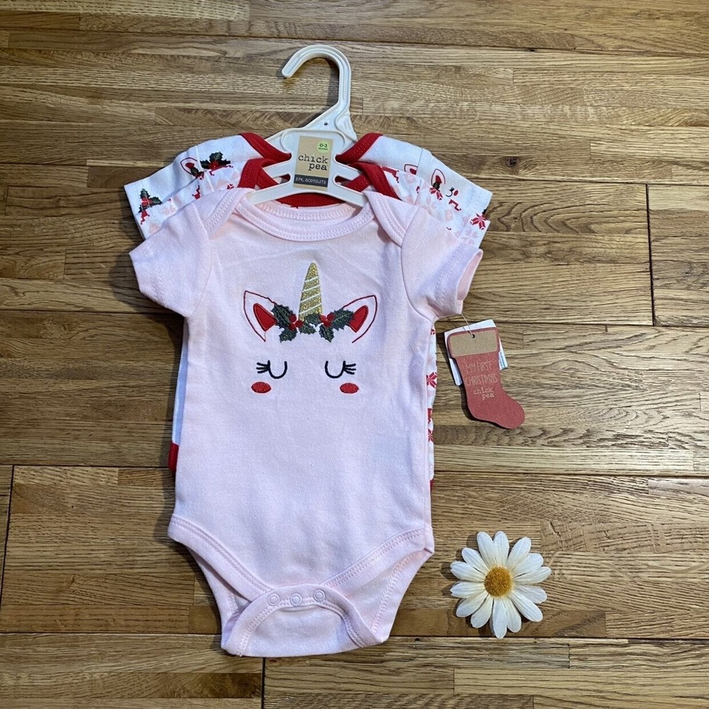 NWT 3 Pack Christmas Unicorn/Reindeer‎ One pieces Size 0-3 Mo